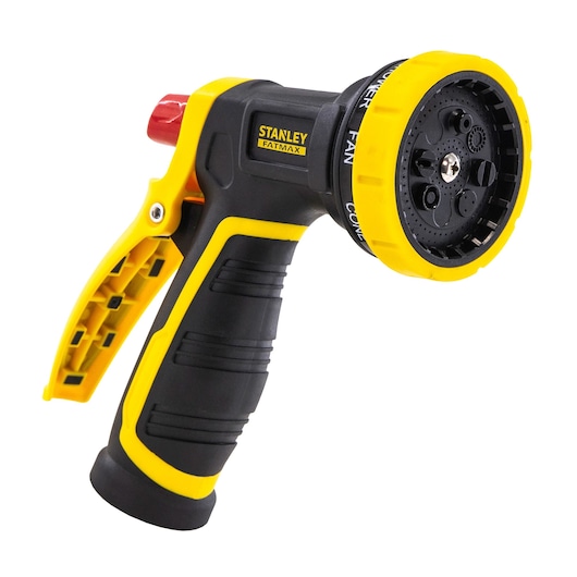 Front angled view of STANLEY FATMAX black and yellow spray nozzle with ergonomic grip and adjustable dial.