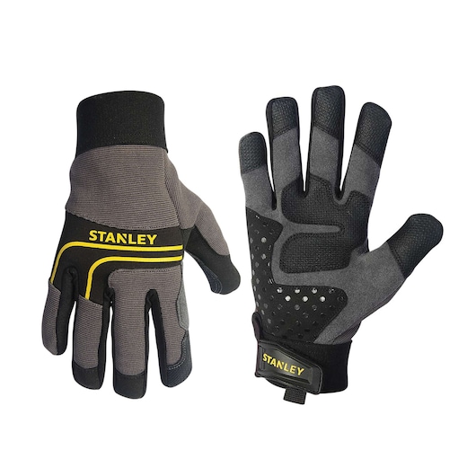 Stanley black and gray work gloves, palm grip and yellow logo, front and back view, white background