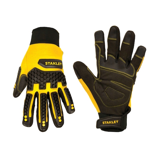 Stanley protective work gloves, yellow and black, front and back view, on white background