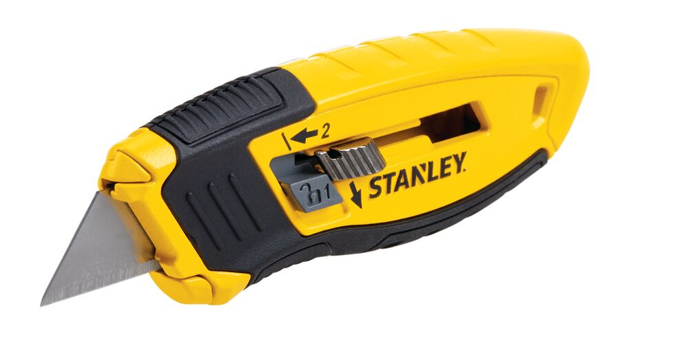 Side angle of STANLEY yellow and black retractable utility knife with exposed blade on white background