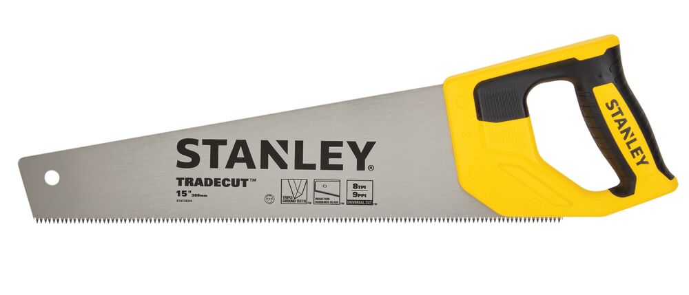 STANLEY STHT20348 hand saw with yellow and black handle, side angle on white background.