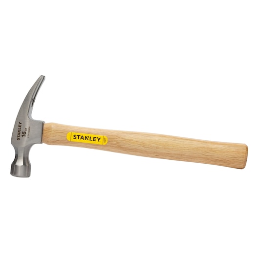Stanley STHT51456 claw hammer with wood handle, side angle, yellow label, on white background.