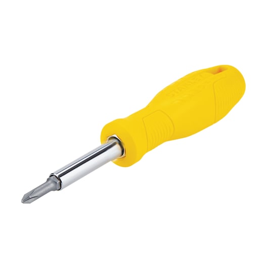 Stanley Phillips screwdriver with yellow ergonomic handle, angled on white background