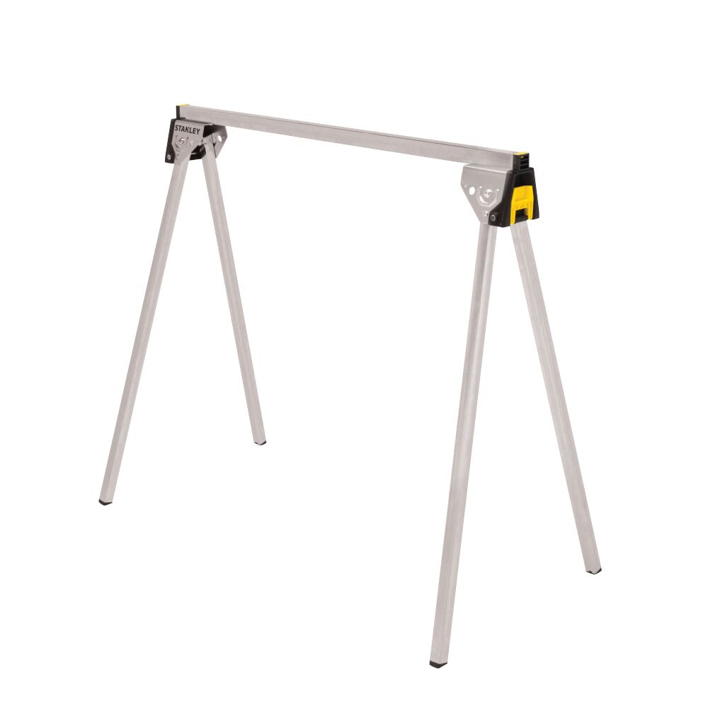 Stanley folding metal sawhorse, silver finish, angled front view on white background