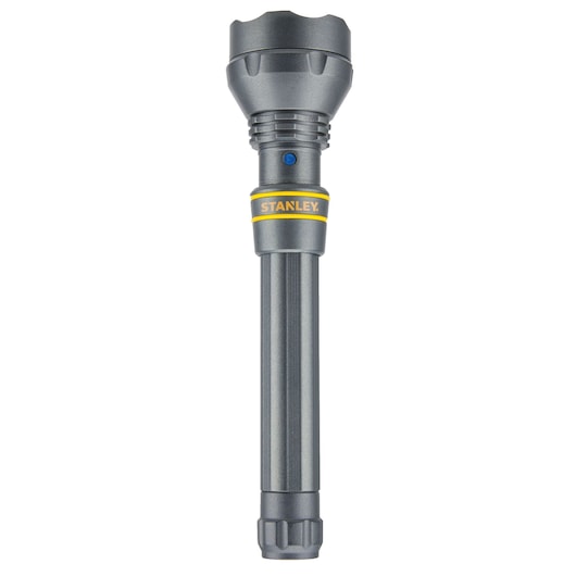 Stanley® gray metallic flashlight, straight-on angle, yellow accent ring and brand name on barrel
